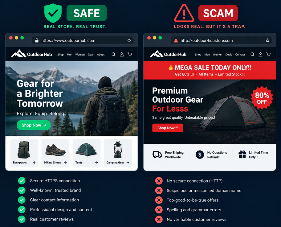 Example comparison between a real website and a scam website